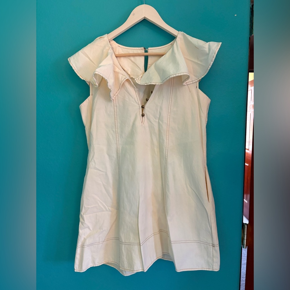 Ruffle v-neck mini cotton shift dress - Picture 2 of 12